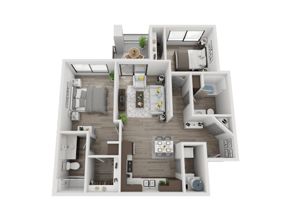 Floor Plan  A 3D floor plan of a house with multiple rooms and furniture.