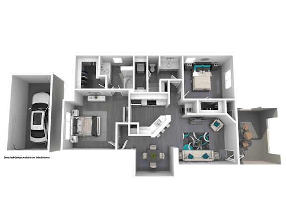 A detailed 3D floor plan of a residence showing all rooms and their layouts.