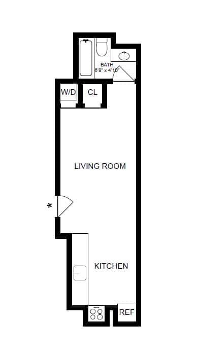 A floor plan of a small apartment with a living room, kitchen, and bathroom at Denim Scottsdale, Scottsdale, AZ