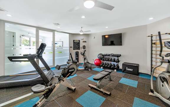 a gym with weights and cardio equipment on the floor and a television