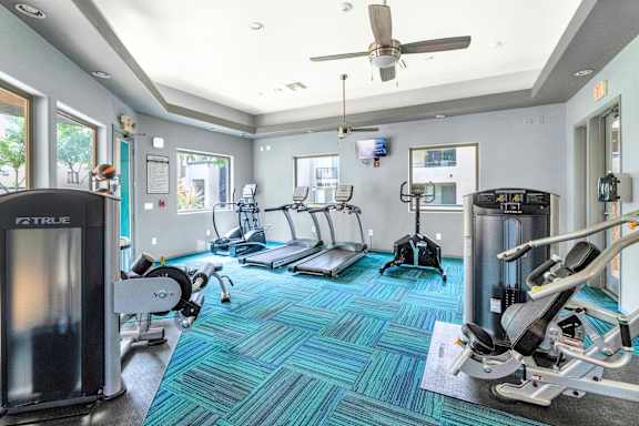 A gym with a variety of equipment including treadmills, stationary bikes, and weight machines.