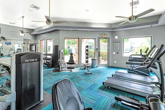 A gym with a variety of equipment including treadmills, weights, and a fan.