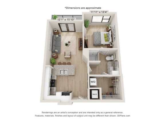 A 3D floor plan of a small apartment with a living room, kitchen, and bedroom.