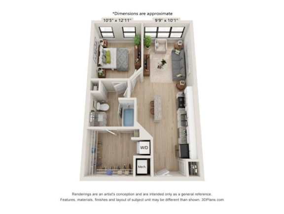 A 3D floor plan of a small apartment with a kitchen, living room, and bedroom.