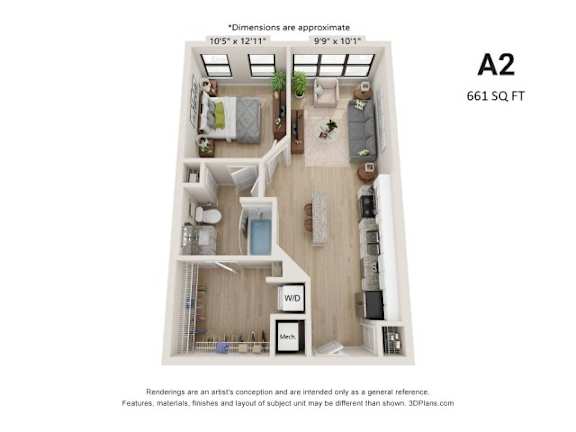 A 2 bedroom apartment with a living room, kitchen, and bathroom.