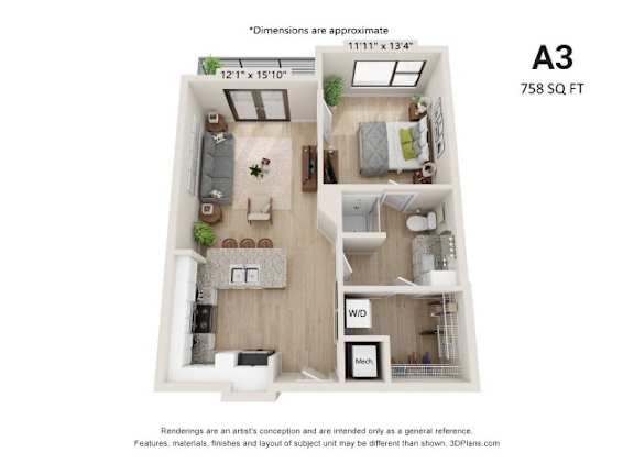 A 3D floor plan of a 758 square foot apartment.