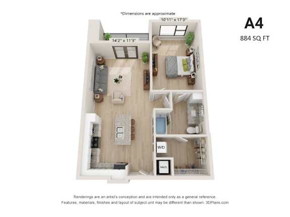 A 3D floor plan of an apartment with a living room, kitchen, and two bedrooms.