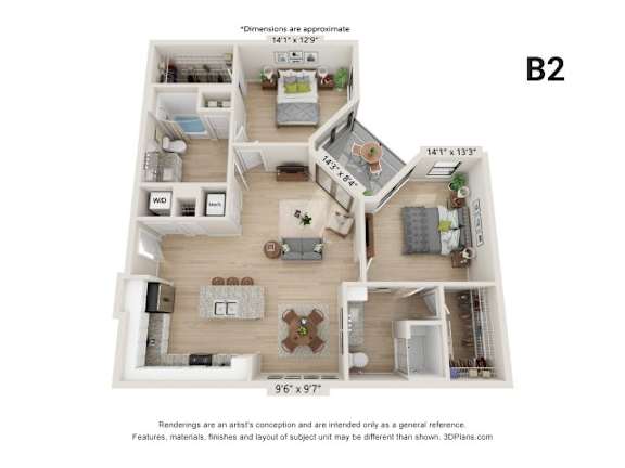 A 3D floor plan of apartment B2 with a kitchen, living room, bedrooms and bathrooms.