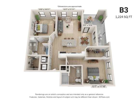 A floor plan of apartment B3 with a total area of 1,224 square feet.