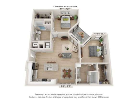 A 3D floor plan of a house with a living room, kitchen, dining room, and two bedrooms.