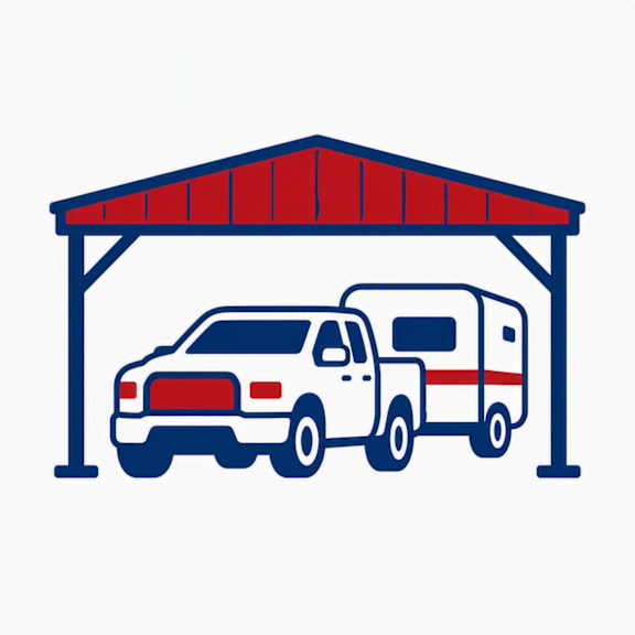 A blue and white truck is parked under a red and blue awning.
