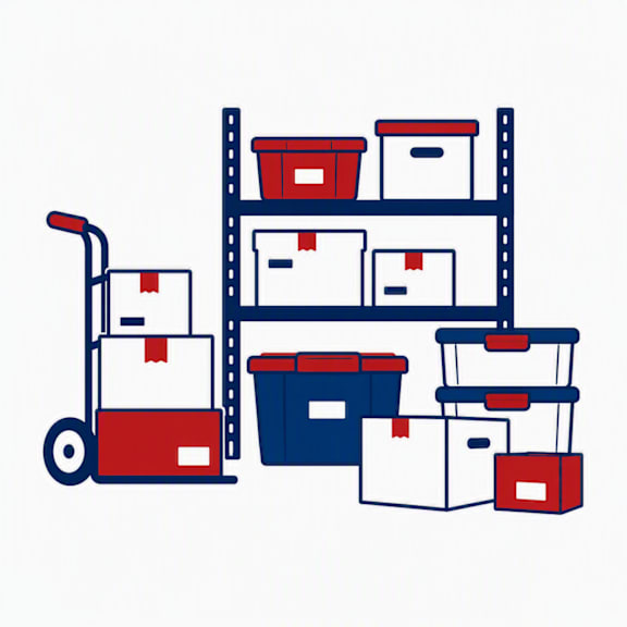 A blue and red cart with boxes on it.