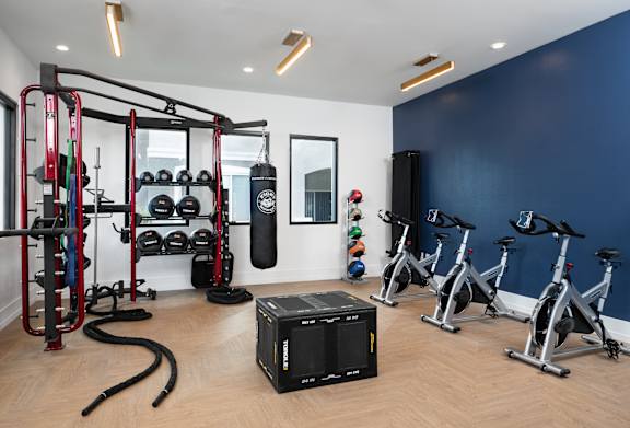 A gym with a variety of equipment including a treadmill, a boxing bag, and a weight rack.