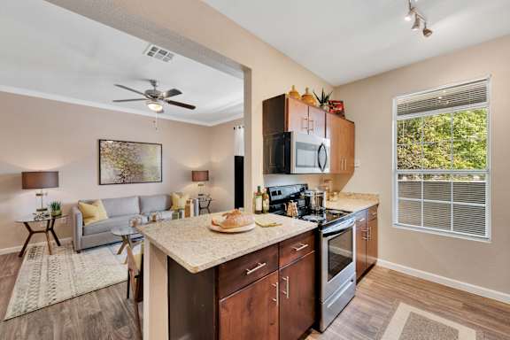 Upgraded Kitchen with Countertops and Stainless Steel Appliances at Eagle Ranch Apts