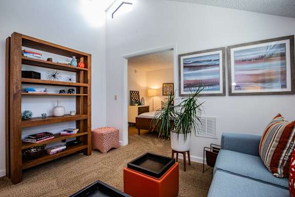 A living room with a blue couch and a wooden bookshelf.