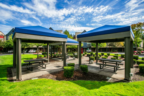 Covered Outdoor BBQ and Picnic Area with Seating at Hillsboro Apartment Near Highway 26