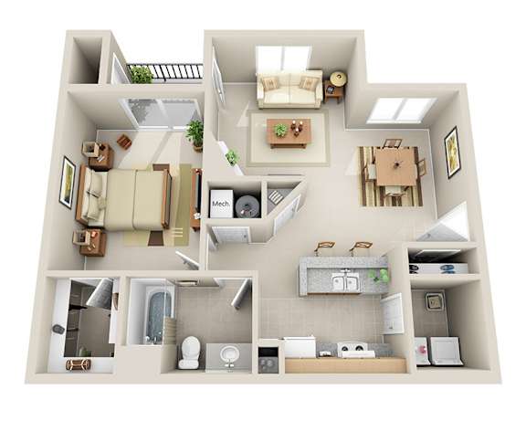 A 3D floor plan of a house showing all the rooms and their layout.