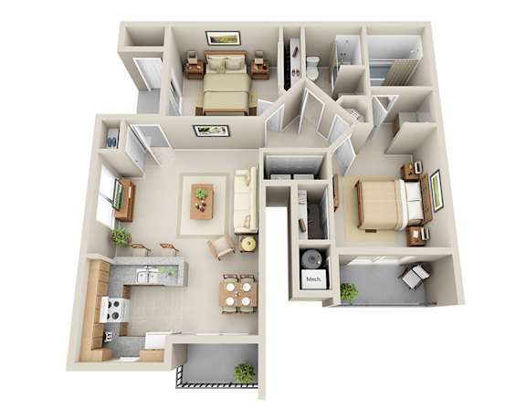 A 3D floor plan of a house with multiple rooms and furniture.