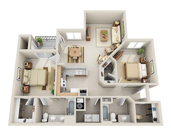 A 3D floor plan of a house showing all the rooms and their layout.