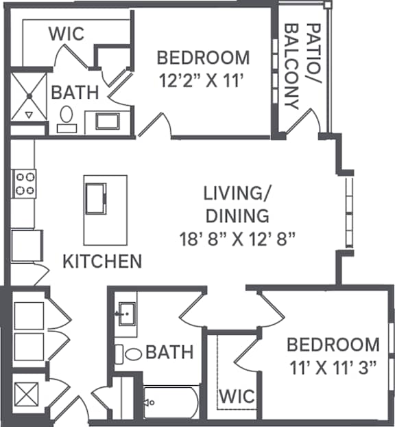 A black and white image of a house floor plan with a living/dining area, kitchen, and three bedrooms.