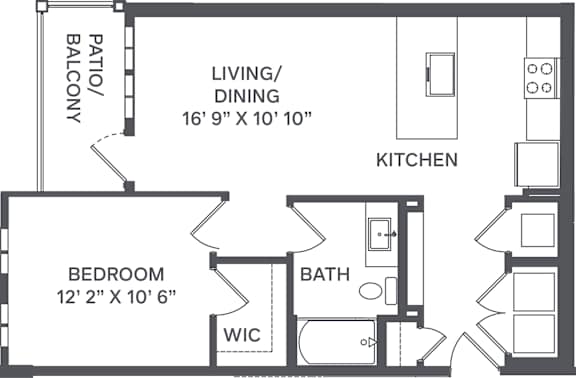 A floor plan of a small apartment with a living/dining area, kitchen, bedroom, bathroom, and balcony.