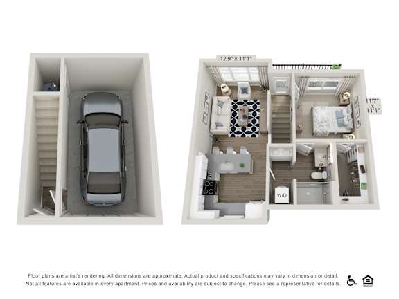 1 Bedroom 1 Bath Apartment Floor Plan  with Garage at View on Centennial