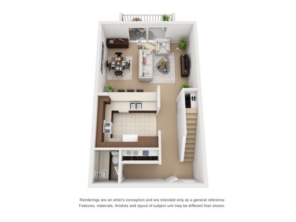 First Floor of the 2 Bed 1.5 Bath 2-story Townhome Floor Plan at Encina Meadows Apartments, California, 93117