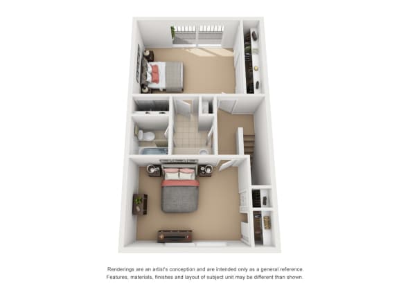 Second Floor of the 2 Bed 1.5 Bath 2-story Townhome Floor Plan at Encina Meadows Apartments, California, 93117