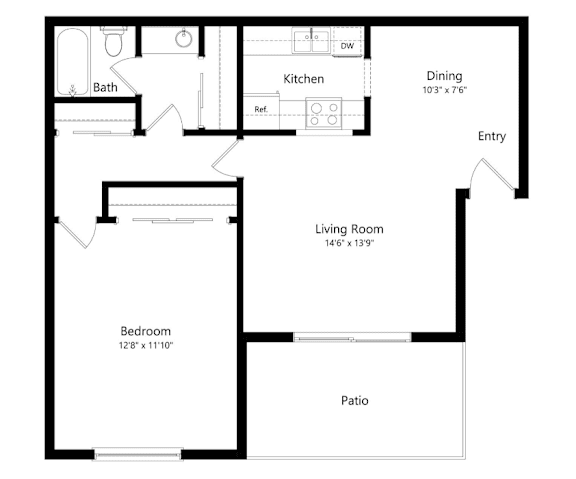 A black and white image of a house floor plan with a bath, kitchen, dining area, living room, bedroom and patio.