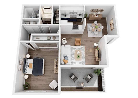 A top-down view of a modern apartment layout.