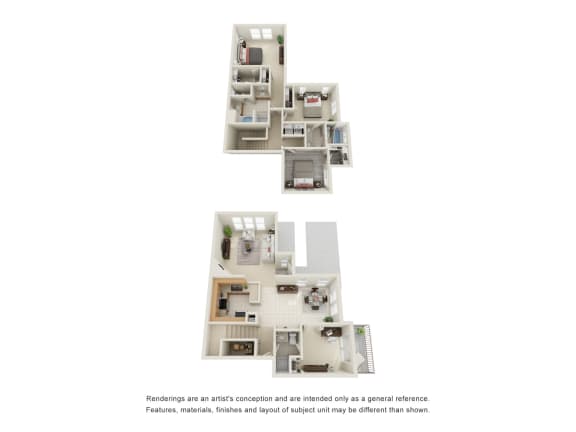 Combined imaging of the Three Bed Three Bath 2-story Townhome Floor Plan at Siena Apartments, California, 93458