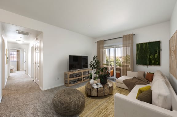 a living room with a couch and a table and a television