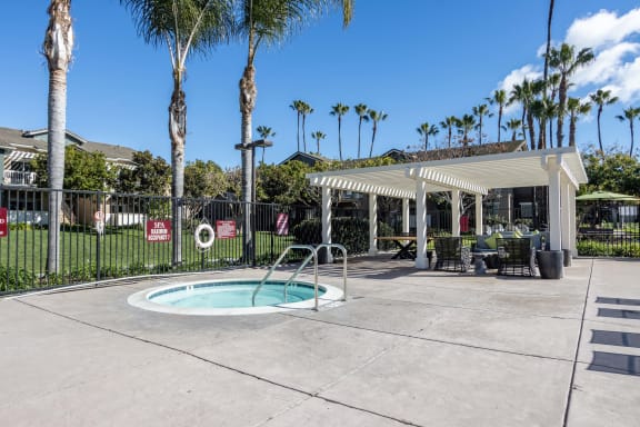 a hot tub with a pavilion and palm trees