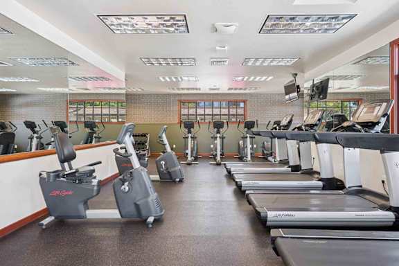 A gym with treadmills and elliptical machines.