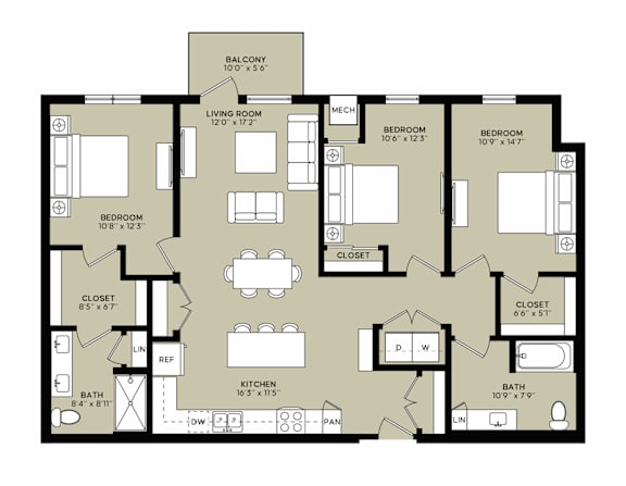 A floor plan of a house with a balcony, living room, kitchen, and multiple bedrooms.