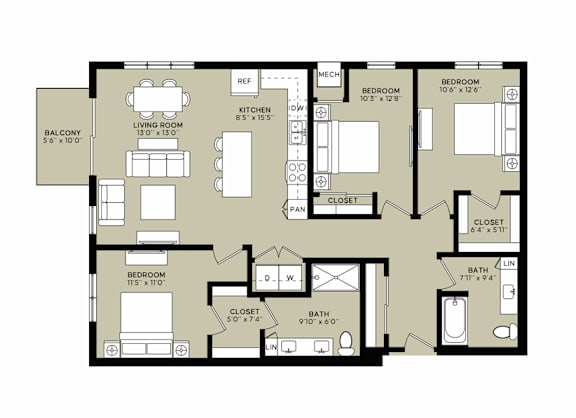 A floor plan of a house with a living room, kitchen, two bedrooms, and a bathroom.