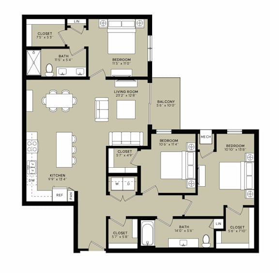 A floor plan of a house with a living room, two bedrooms, a kitchen, and a bathroom.