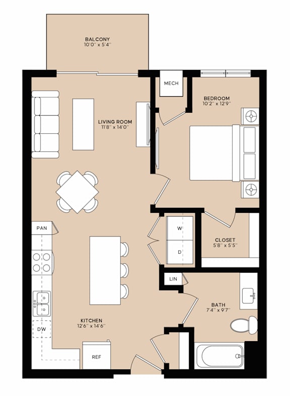 A floor plan of an apartment with a living room, kitchen, bathroom, and two bedrooms.