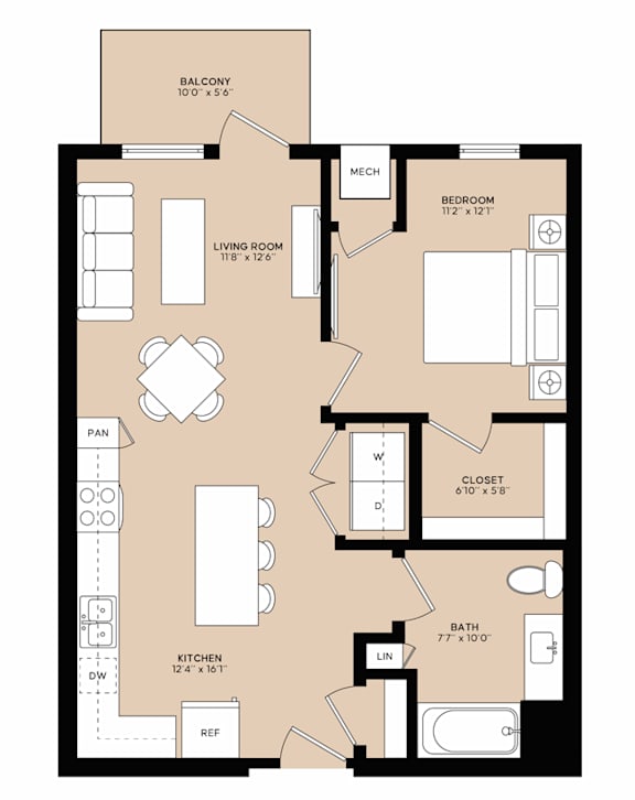 A floor plan of an apartment with a living room, kitchen, bathroom, and bedroom.