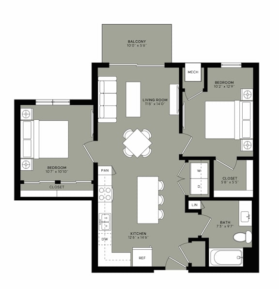 A floor plan of a house with a balcony, two bedrooms, a living room, a kitchen, a bathroom, and a closet.