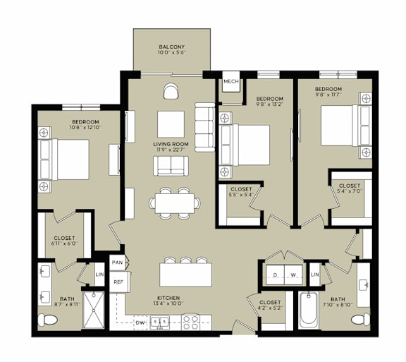 A floor plan of a house with two bedrooms, a living room, a kitchen, a bathroom, and a balcony.