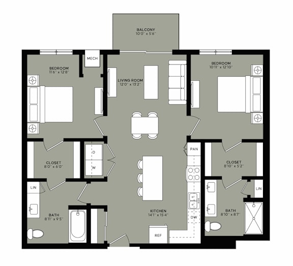 A floor plan of a house with a balcony, two bedrooms, a living room, a kitchen, a bathroom, a closet, and a laundry area.