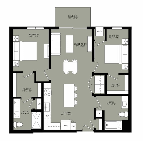 A floor plan of a house with a balcony, two bedrooms, a living room, a kitchen, a bathroom, a closet, and a reference point.