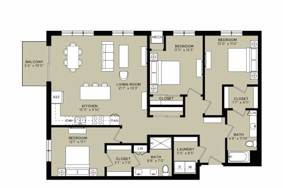 A floor plan of a house with a balcony, two bedrooms, a living room, a kitchen, a bathroom, a laundry room, and a closet.