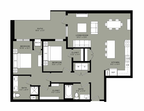A floor plan of a house with a living room, two bedrooms, a bathroom, a kitchen, a patio, and a closet.