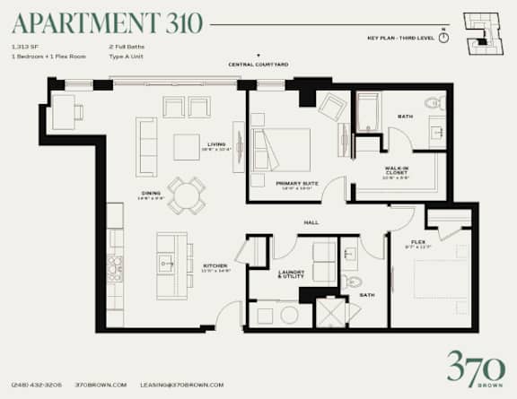 Apartment 310 floor plan with a living room, dining room, kitchen, and two bathrooms.