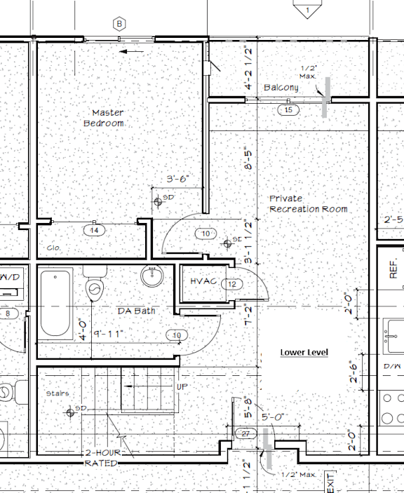 A floor plan of a house with a master bedroom, a private recreation room, and a 2-hour rated bath.