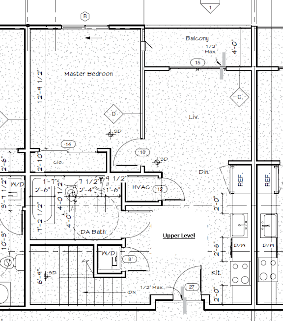 A detailed architectural drawing of a house plan including a master bedroom and upper level.