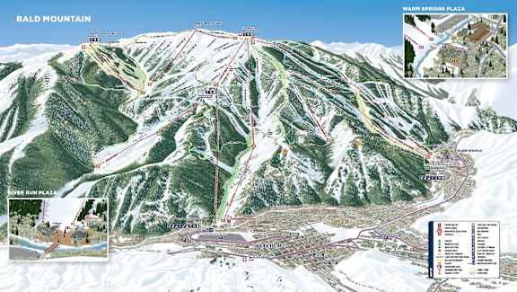A map of Bald Mountain ski resort with trails and buildings.