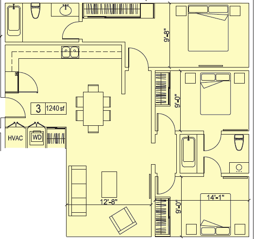 A floor plan of a house with a kitchen, living room, and bathroom.